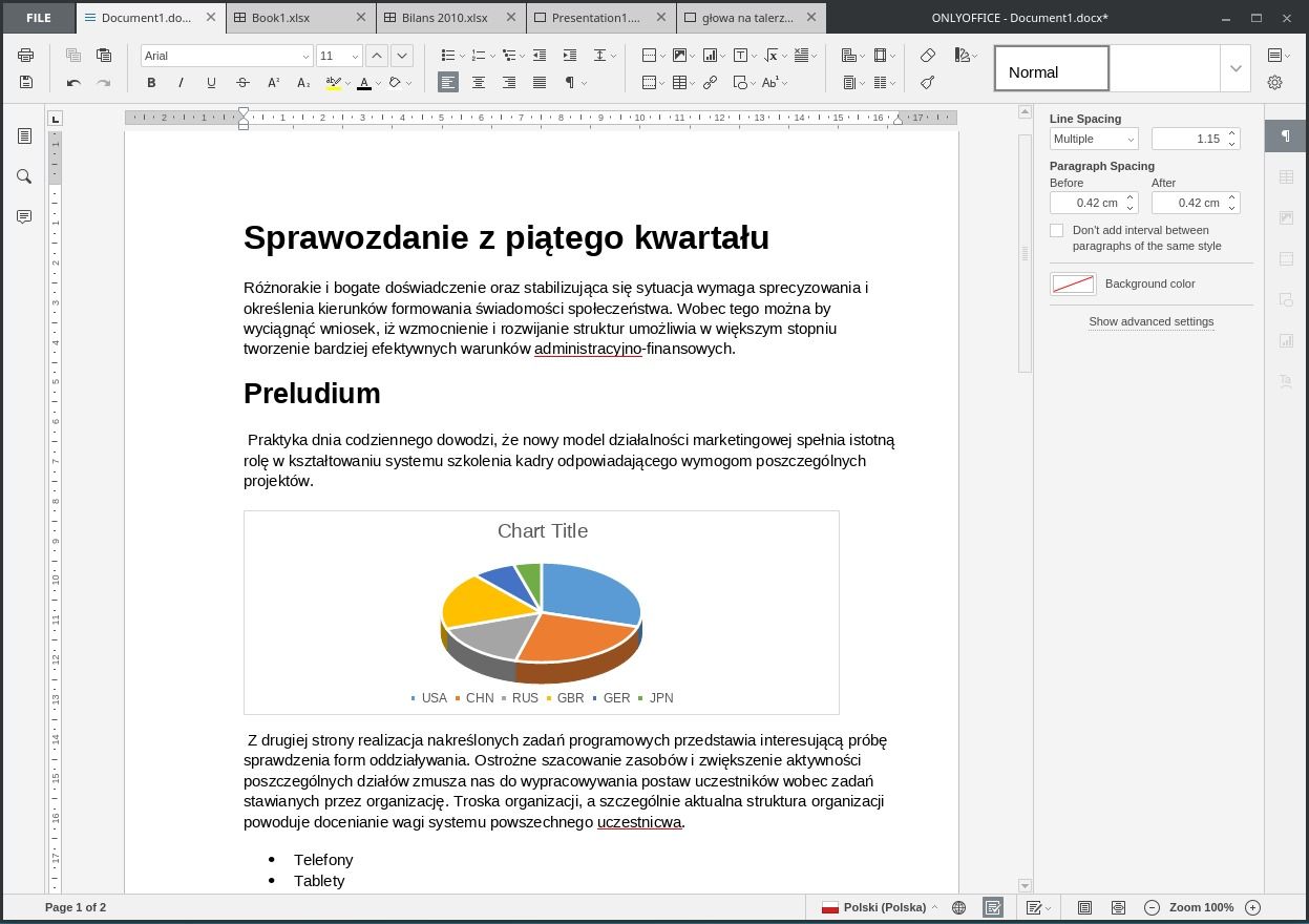 W dokumencie można użyć stylów i wielu różnych obiektów, m.in. wykresów