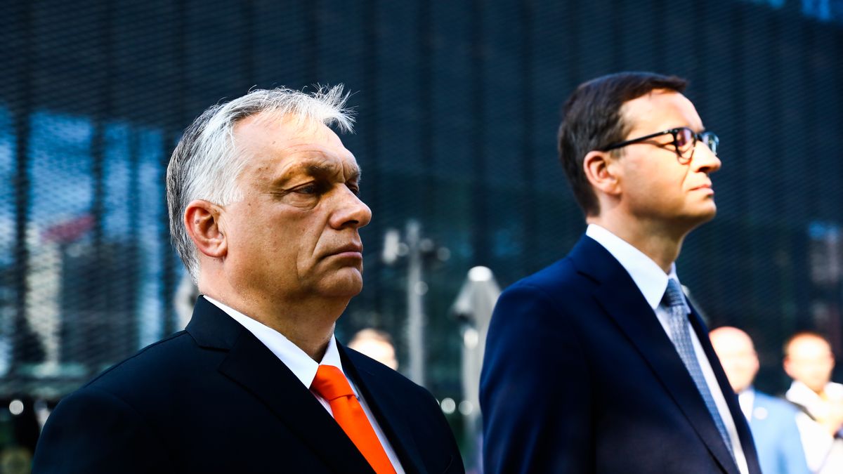 Polish Prime Minister Mateusz Morawiecki and Prime Minister of Hungary Viktor Orban attend the Visegrad Group Heads of State meeting in Katowice, Poland on June 30, 2021. The meeting concluded V4 Polands presidency and passed it to Hungary.  (Photo by Beata Zawrzel/NurPhoto via Getty Images)