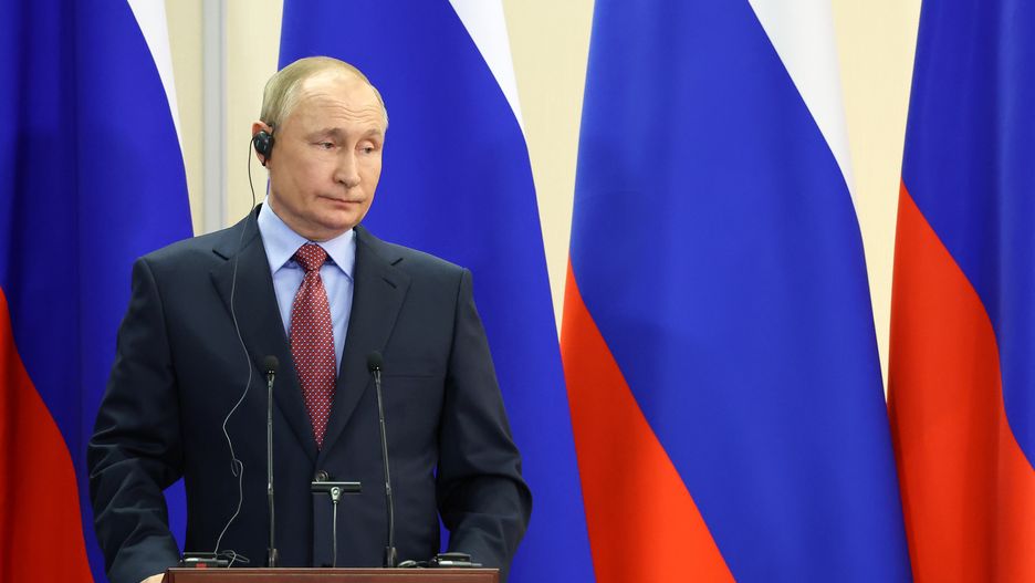 SOCHI, RUSSIA - DECEMBER 8, 2021: Russia's President Vladimir Putin gives a press conference following his meeting with Greece's Prime Minister Kyriakos Mitsotakis at Bocharov Ruchei residence. Valery Sharifulin/TASS (Photo by Valery Sharifulin\TASS via Getty Images)