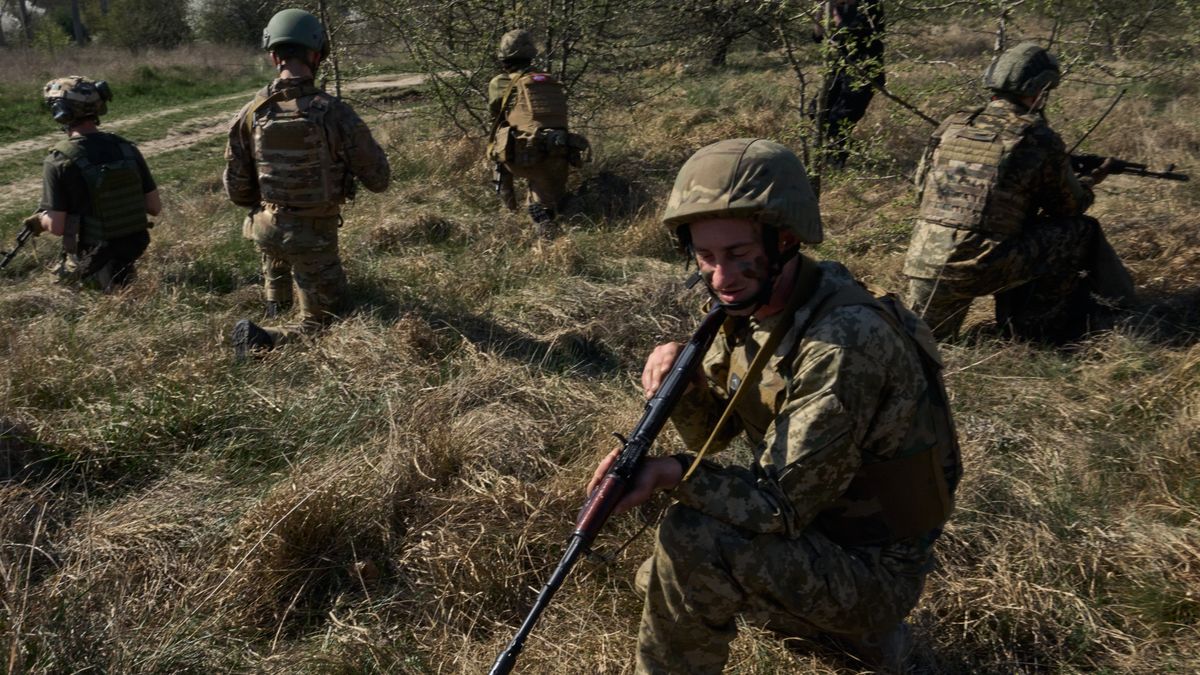 UNSPECIFIED, UKRAINE - APRIL 8: Simulation of assault actions during additional training of fighters who entered the battalion after the Complexation Center as Ukrainian soldiers undergo training before being sent to the front on April 8, 2024 in  Ukraine. The country's military seeks to replenish its forces after more than two years of large-scale war with Russia. (Photo by Kostiantyn Liberov/Libkos/Getty Images)