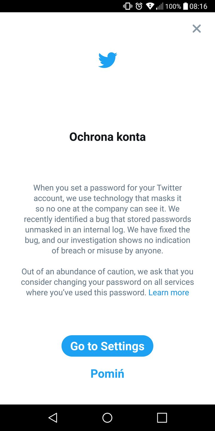 Wezwanie do zmiany hasła w mobilnej aplikacji Twittera na Androida. Jak widać, zabrakło czasu na tłumaczenie komunikatu.