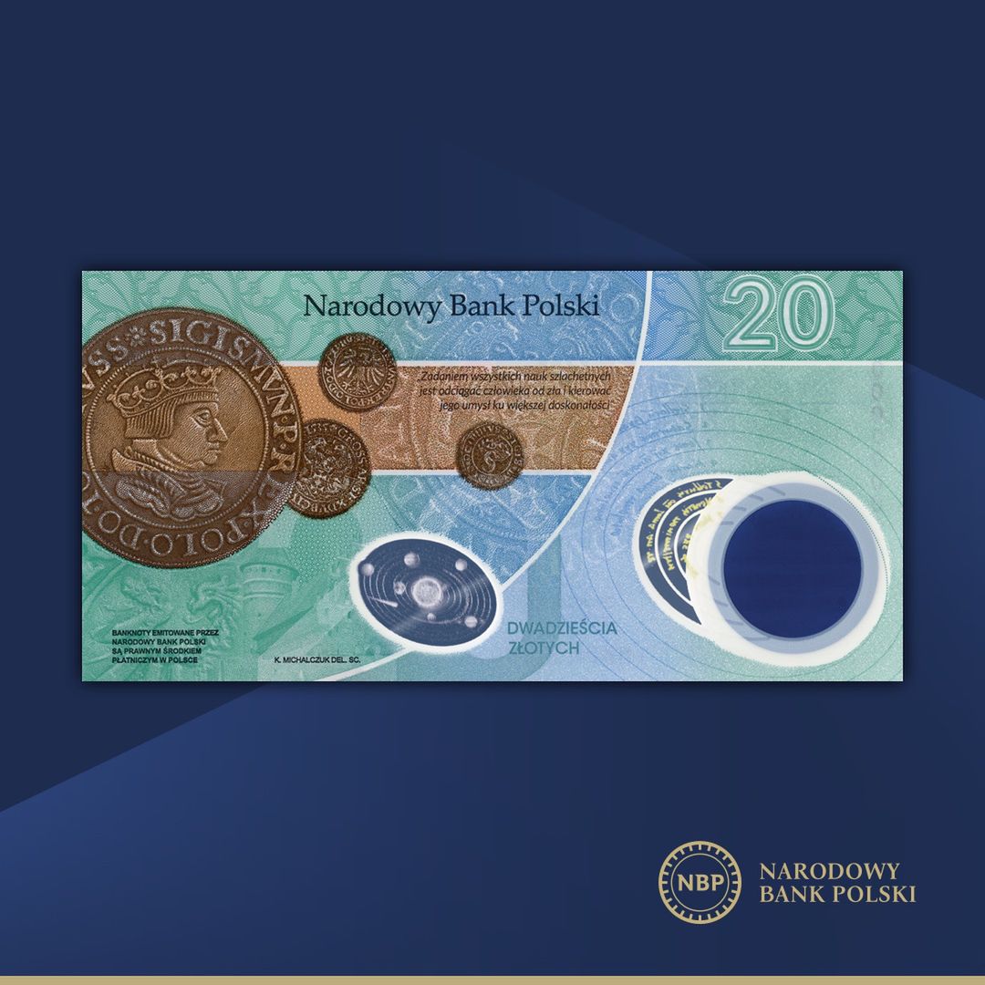 Banknot polimerowy i srebrna moneta z okazji 550. urodzin Mikołaja Kopernika