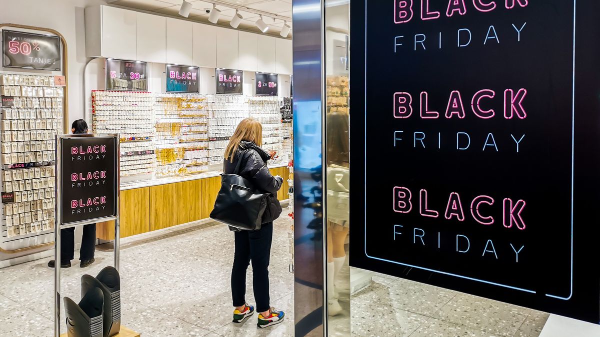 Black Friday In Poland
Black Friday advertisement banner in Galeria Krakowska shopping mall in Krakow, Poland on November 22, 2023. (Photo by Beata Zawrzel/NurPhoto via Getty Images)
NurPhoto
black, shop, deals, ndustry, mall, center, bussiness, client, black friday, banner, galeria krakowska, november 22, beata zawrzel, nurphoto, discounts, promotions, holiday shopping, shopping event, seasonal sale, commerce, shoppers, bargain hunting, retail therapy, discount event, shopping spree, store offers