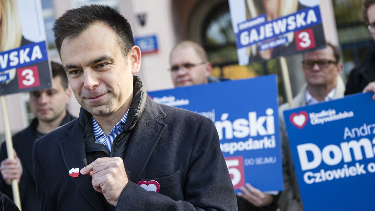 WARSAW, MAZOWIECKIE, POLAND - 2023/10/10: Andrzej Domanski attends to the press conference outside the Warsaw School of Economics. Outside the Warsaw School of Economics, a press conference was held of the two candidates for MP of the Civic Platform - Civic Coalition (PO, KO) in the upcoming parliamentary election (October 15), Aleksandra Gajewska and Andrzej Domanski. The topic of the press conference was the election proposals of the Civic Coalition for students and young voters. After the conference, A. Gajewska and A. Domanski encouraged students and passers-by to participate in the parliamentary elections. (Photo by Attila Husejnow/SOPA Images/LightRocket via Getty Images)