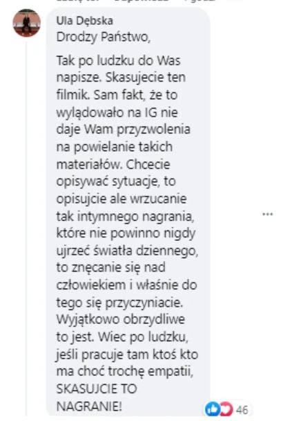 Urszula Dębska apeluje do mediów