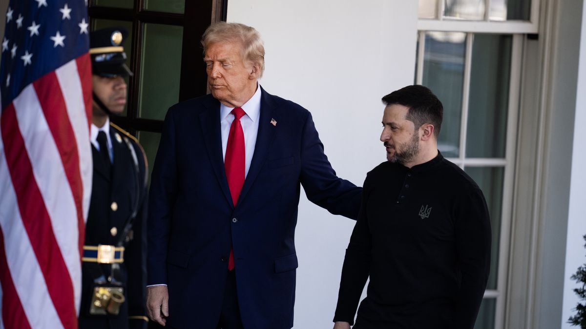 UNITED STATES - FEBRUARY 28: President Donald Trump greets Ukrainian President Volodymyr Zelenskyy at the White House before a meeting to discuss negotiations to end the war with Russia, on Friday, February 28, 2025. (Tom Williams/CQ-Roll Call, Inc via Getty Images)