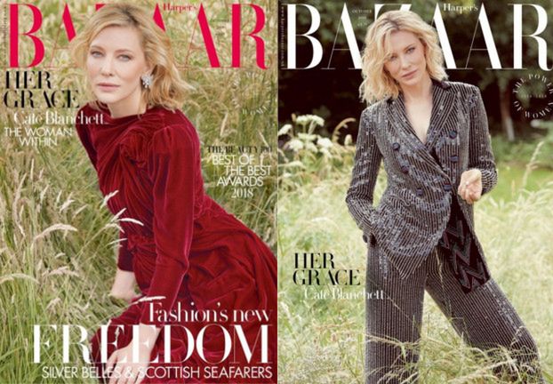Posągowa Cate Blanchett relaksuje się w polu na okładce "Harper's Bazaar"