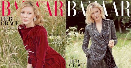Posągowa Cate Blanchett relaksuje się w polu na okładce "Harper's Bazaar"
