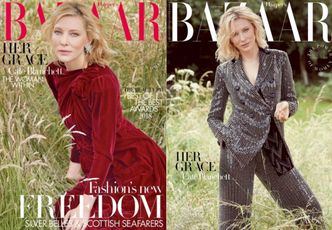 Posągowa Cate Blanchett relaksuje się w polu na okładce "Harper's Bazaar"