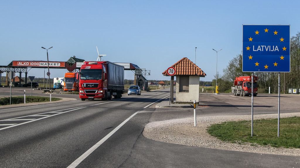 The Latvian Borders
Latvia inscription on a sign with EU stars is seen on a Latvia - Estonia Schengen Area border crossing Ainazi (LV) - Ikla (EST) on 29 April 2019  (Photo by Michal Fludra/NurPhoto via Getty Images)
NurPhoto
Ainaži-Ikla, Ainaži, Ikla, Ainzi, border, sign, inscription, eu, schengen, Schengen Area, Butinge, Rucava, Border Crossing
