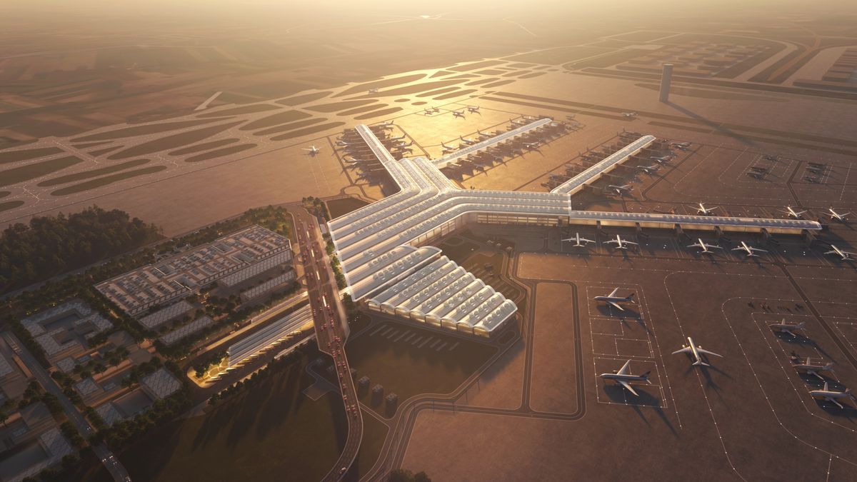 Wizualizacja planowanego lotniska CPK, do którego ma dowozić kolej dużych prędkości, planowana m.in. na słynnej działce w Zabłotni