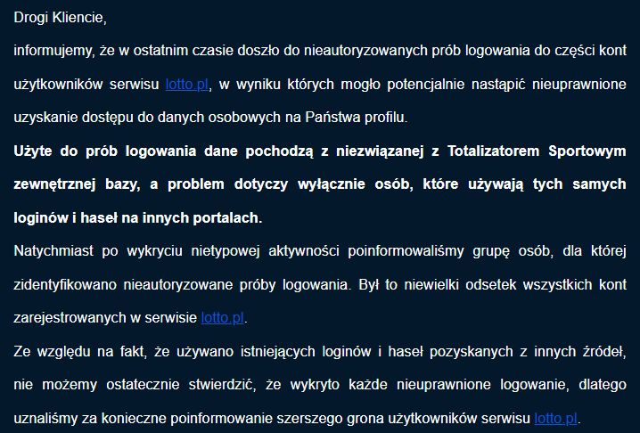 Fragment e-maila rozsyłanego przez Lotto.pl