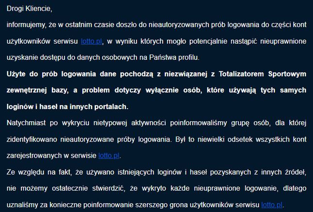 Fragment e-maila rozsyłanego przez Lotto.pl