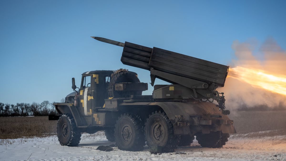 UNSPECIFIED, UKRAINE - FEBRUARY 20:  A Ukrainian squad launches one of four rockets at a Russian infantry position from their BM-21 Grad 122mm multiple rocket launcher, in the southern Donbas region, Ukraine, on February 20, 2023. Ukrainian forces have largely held off attempted Russian advances throughout the winter, while they wait for promised Western-made tanks and other military equipment. Both Russian and Ukrainian forces are expecting to launch offensives soon, as the one-year anniversary looms of Russias invasion of Ukraine on February 24. (Photo by Scott Peterson/Getty Images)