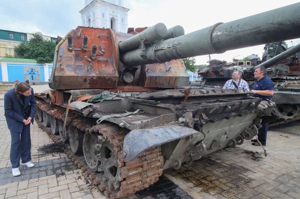Destroyed Russian military vehicles on display in KyivKYIV, UKRAINE - MAY 28, 2022 - The exhibition of destroyed Russian military vehicles is situated in Mykhailivska Square, Kyiv, capital of Ukraine. This photo cannot be distributed in the Russian Federation. (Photo credit should read Pavlo Bagmut/Ukrinform/Future Publishing via Getty Images)Future Publishingukraine conflict, russian invasion, ukraine war, russia-ukraine war, mykhailivska square, military vehicle, military equipment