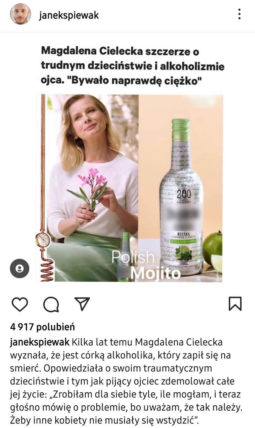 Jan Śpiewak krytykuje Magdalenę Cielecką za reklamowanie wódki