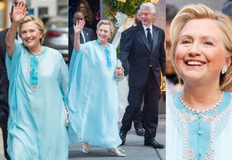 Hillary Clinton w błękitnej "todze" z Billem na weselu (ZDJĘCIA)