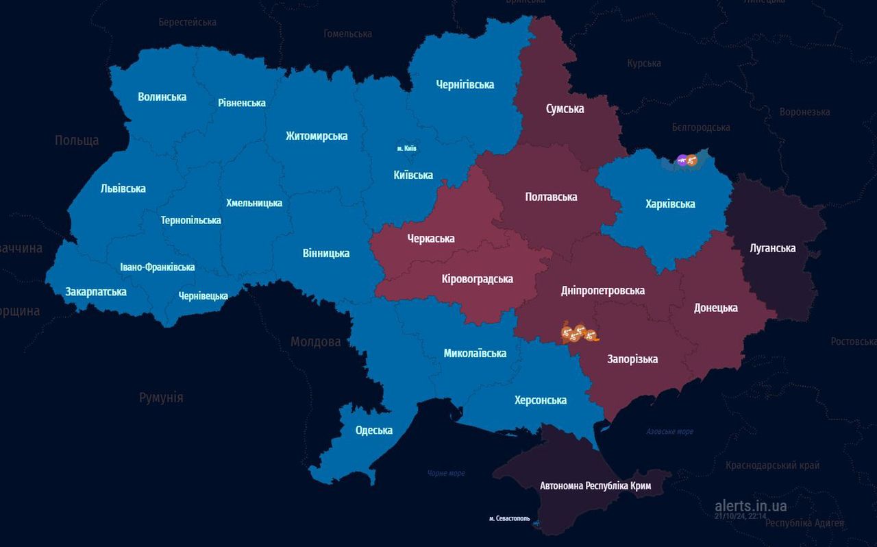 Aktualna mapa alarmów przeciwlotniczych w Ukrainie