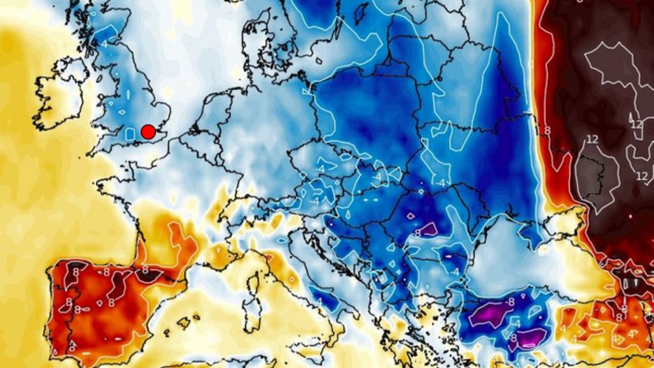 Mapa anomalii temperatury w dniu 28 marca