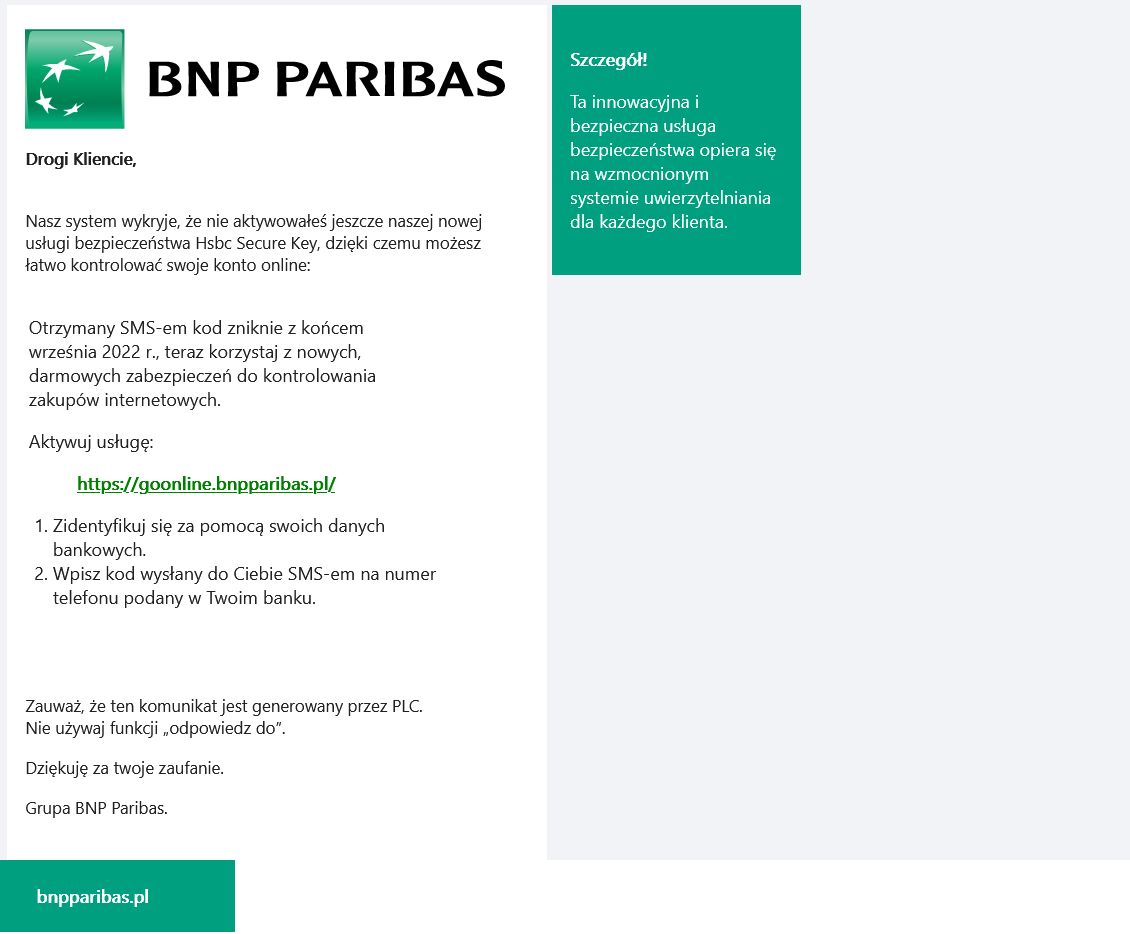 Fałszywy e-mail oferujący nową usługę bezpieczeństwa w BNP Paribas