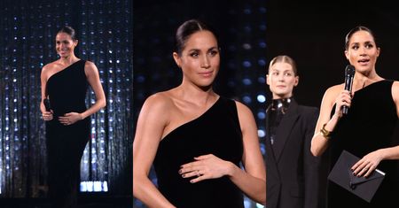 Meghan Markle trzyma się za brzuch i wręcza nagrodę na gali British Fashion Awards 2018 (ZDJĘCIA)