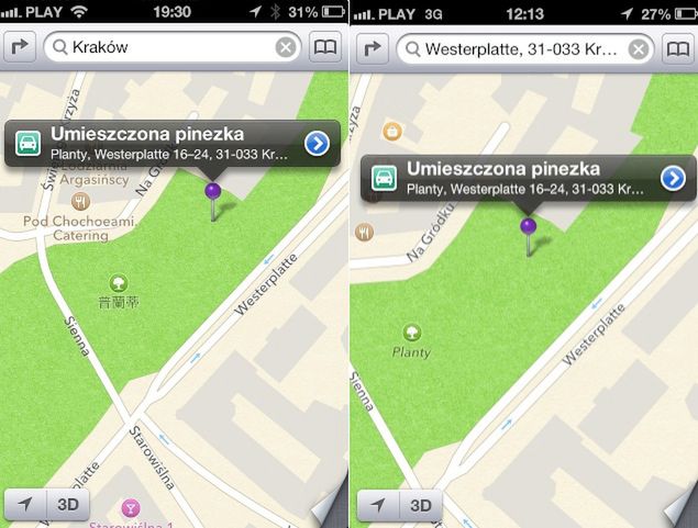 Kraków Planty w Mapach Apple'a - przed i po aktualizacji