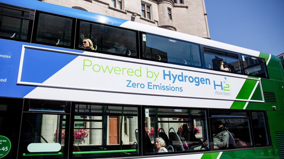 Passengers ride a hydrogen-powered bus in the city centre of Aberdeen, UK, on Monday, July 18, 2022. Aberdeen in northeast Scotland is trying to make the leap from an oil town to a renewables hub amid growing demand for cheap home-grown energy. Photographer: Emily Macinnes/Bloomberg via Getty Images