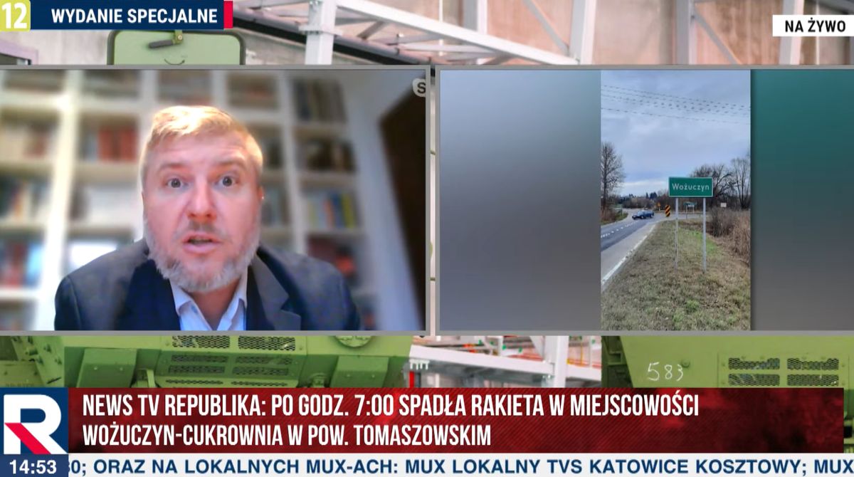 Kadr z TV Republika, która relacjonuje rzekomy atak rakierowy na polską miejscowość