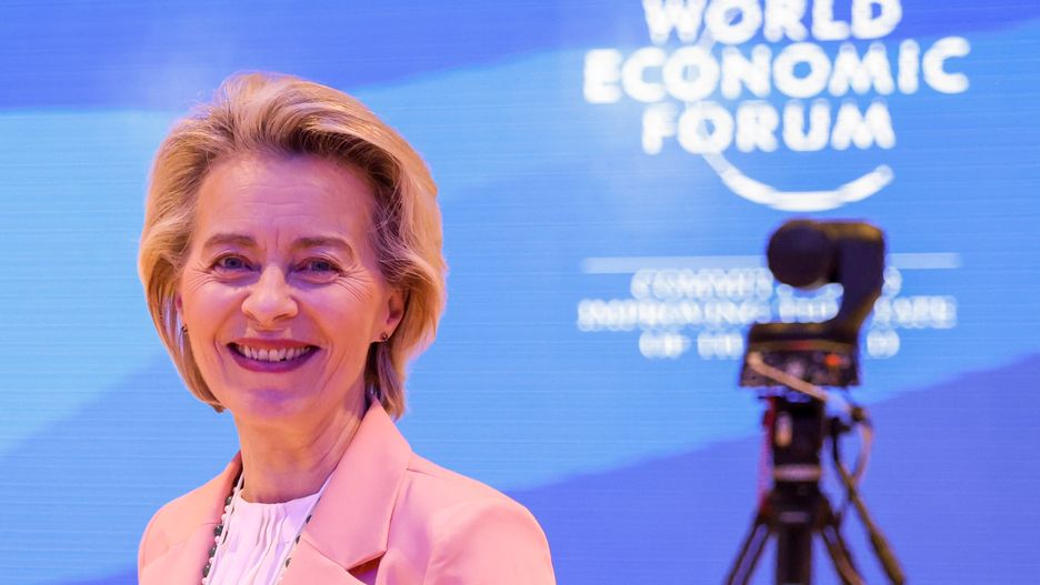 Ursula von der Leyen, president of the European Commission, inside the Congress Center, ahead of the World Economic Forum (WEF) in Davos Switzerland, on Monday, Jan. 15, 2024. The annual Davos gathering of political leaders, top executives and celebrities runs from January 15 to 19. Photographer: Hollie Adams/Bloomberg via Getty Images