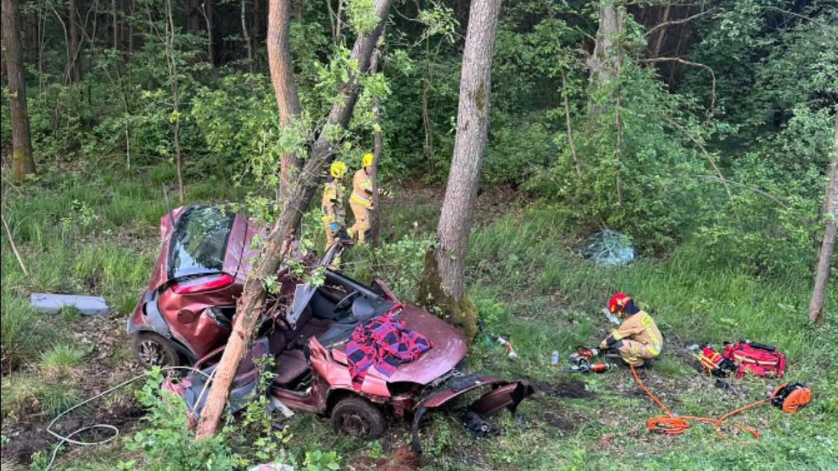 Tragiczny wypadek pod Wyszokowem. Samochód wypadł z drogi i uderzył w drzewa.