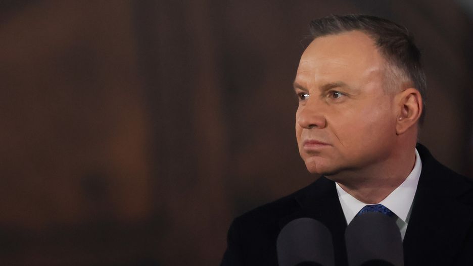 President of Poland Andrzej Duda delivers the speech before the remarks of the President of the United States Joe Biden at the Royal Castle Gardens in Warsaw, Poland on February 21, 2023. President Biden visits Poland, after the unexpected visit to Kyiv, ahead of the anniversary of Russian invasion of Ukraine. (Photo by Jakub Porzycki/NurPhoto via Getty Images)