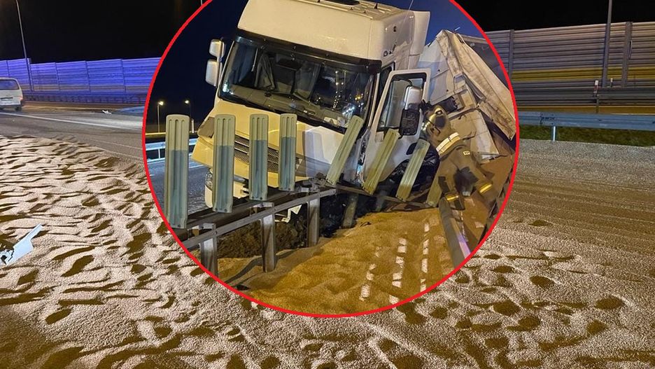 Ciężarówka ze zbożem na A1