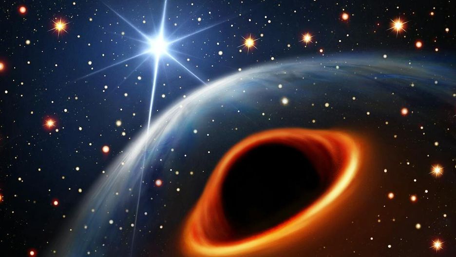 Artystyczna wizja układu podwójnego NGC 1851E widzianego ponad ramieniem ciemnej, tajemniczej gwiazdy towarzyszącej