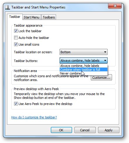 Przywróć starą funkcjonalność paska zadań w Windows 7 3