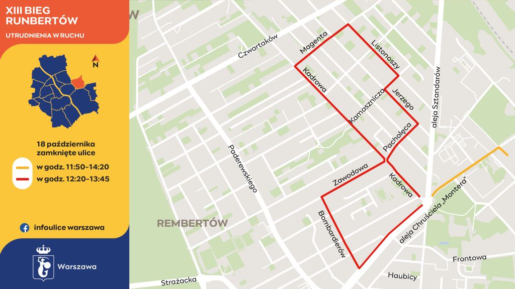 Infografika przedstawia ulice zamknięte w czasie zawodów XIII Bieg RUNbertów, które będą rozegrane między innymi na ulicach Bombardierów, Kadrowej, Listonoszy oraz w alei Chruściela "Montera". Aleja Chruściela "Montera" będzie zamknięta od godziny 11:50 do 14:20, a pozostałe ulice na trasie od godziny 12:20 do 13:45.