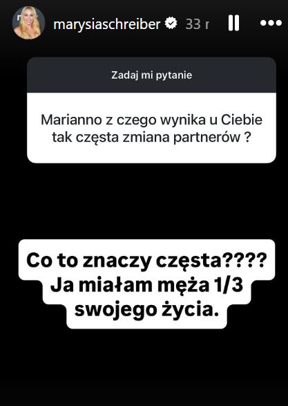 Wpis Marianny Schreiber na Instagramie