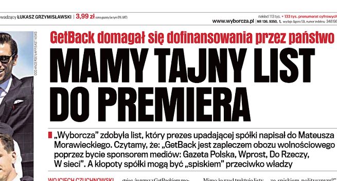 KPRM: nie dostaliśmy listu od prezesa GetBacku, który „Gazeta Wyborcza” ujawniła jako „tajny list do premiera Morawieckiego”