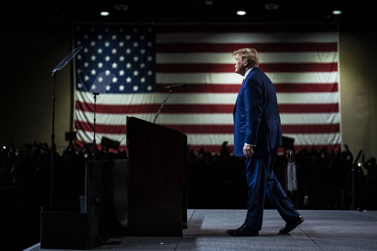 Reno, NV - December 17 : Former President Donald Trump arrives to speak at a "commit to caucus" event held at the Reno-Sparks convention center on Sunday, Dec. 17, 2023, in Reno, NV. (Photo by Jabin Botsford/The Washington Post via Getty Images)