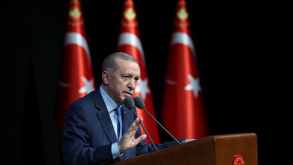 ANKARA, TURKIYE - NOVEMBER 10: Turkish President Recep Tayyip Erdogan makes a speech as he attends a program organized by Ataturk Culture, Language and History High Authority to commemorate Turkish Republic's Founder Mustafa Kemal Ataturk on the 85th anniversary of his demise at Bestepe People's Congress and Culture Center in Ankara, Turkiye on November 10, 2023. (Photo by Murat Kula/Anadolu via Getty Images)