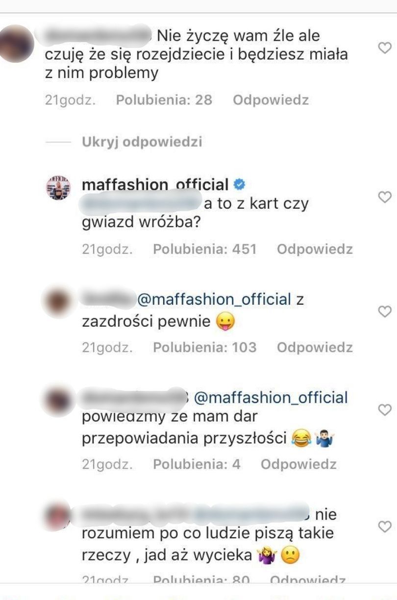 Maffashion odpowiada internautom "wróżącym" jej rozstanie z Sebastianem Fabijańskim 