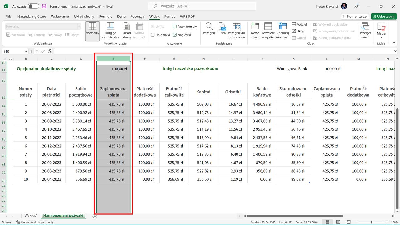 Excel: zaznaczamy kolejną kolumnę po tej, która ma być blokowana