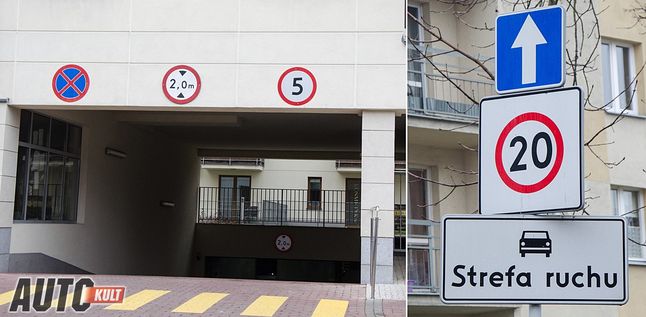 Po lewej znak postawiony przez zarządcę budynku - to nie tyle prędkość dopuszczalna, co rekomendowana, czyli bezpieczna. Natomiast po prawej wjeżdżamy również na prywatne osiedle, ale jednocześnie w strefę ograniczonej prędkości. Jej przestrzeganie jest obowiązkowe za sprawą tabliczki "strefa ruchu"