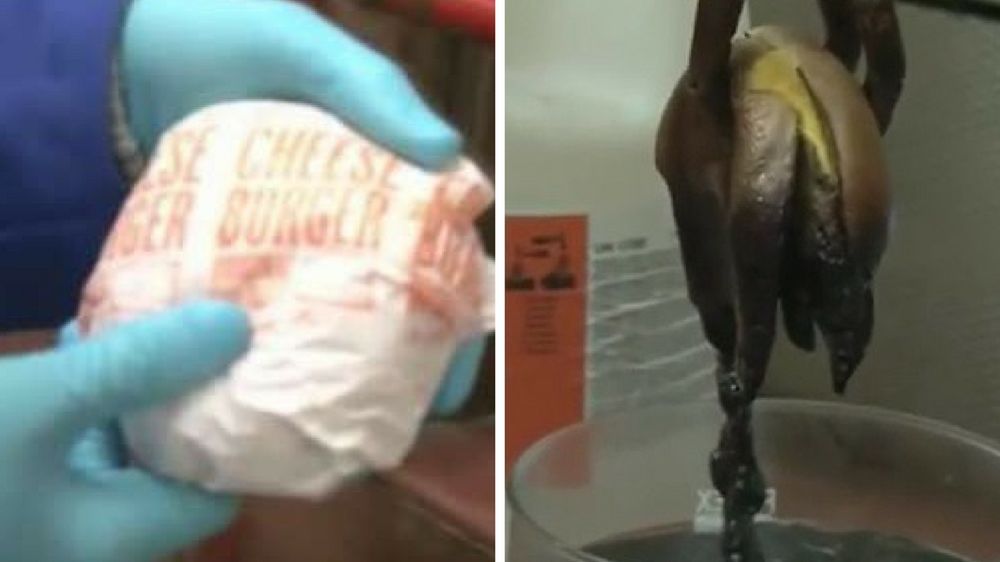 Na skutek kontaktu z kwasem solnym burger zamienił się w czarną breję