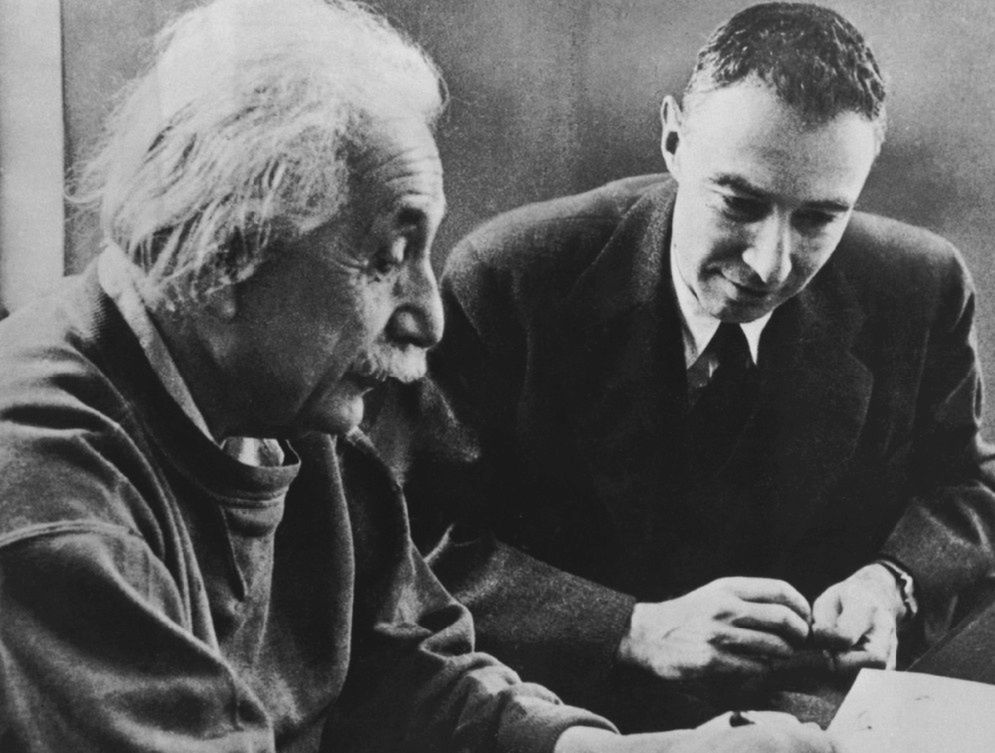 Albert Einstein and Robert Oppenheimer around 1950.