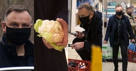Andrzej Duda ze słuchawkami w uszach robi zakupy w supermarkecie, dźwigając zgrzewki z napojami (ZDJĘCIA)