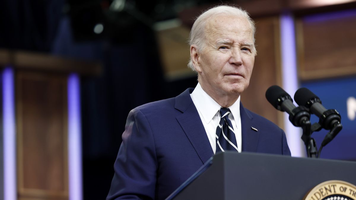 WASHINGTON, DC - APRIL 12: U.S. President Joe Biden gives remarks virtually to the National Action Network Convention from the South Court Auditorium in the Eisenhower Executive Office Building on the White House campus on April 12, 2024 in Washington, DC. During Biden’s remarks, he spoke on his administration’s advancements in protections of civil rights. (Photo by Anna Moneymaker/Getty Images)
