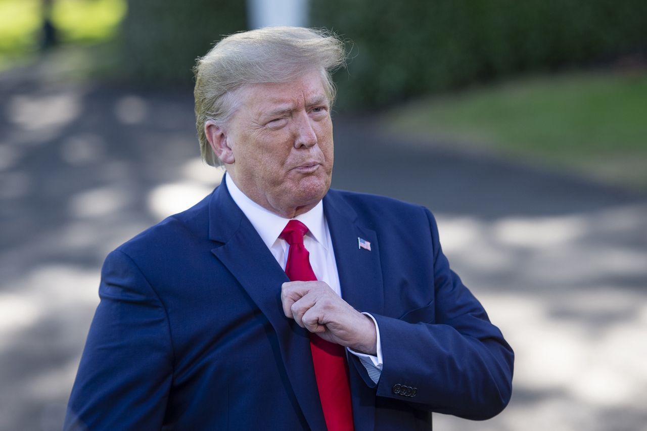 UNITED STATES -  OCTOBER 10: President Donald Trump speaks to members of the media on the South Lawn of the White House in Washington, Thursday, Oct. 10, 2019, before boarding Marine One. Trump is scheduled to address a rally in Minnesota later in the day. (Photo by Caroline Brehman/CQ-Roll Call, Inc via Getty Images)