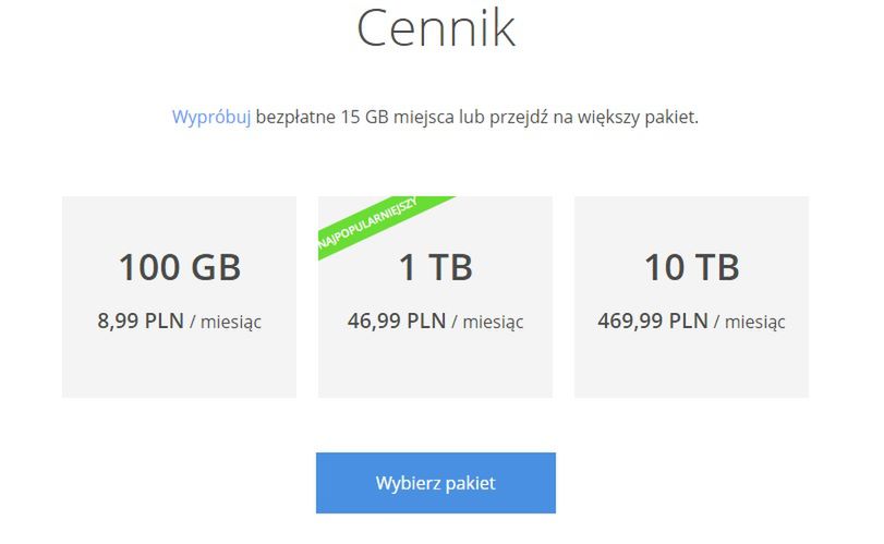 Cennik (za miesiąc) dodatkowej przestrzeni w chmurze Google Drive