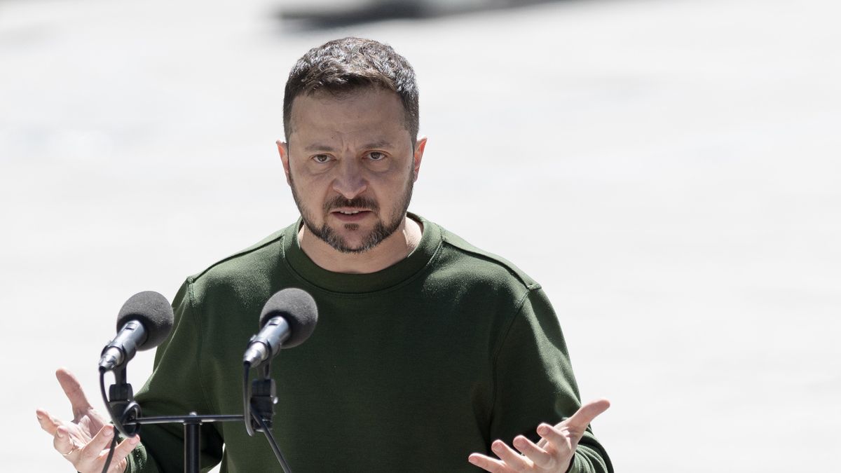 Volodymyr Zelenskiy, Ukraine's president, speaks during a news conference in Kyiv, Ukraine, on Thursday, May 9, 2024. Ukrainian officials on Wednesday said they were preparing to order electricity-rationing measures across the country after a major overnight missile strike by Russia  the latest in a relentless bombing campaign against civilian infrastructure. Photographer: Andrew Kravchenko/Bloomberg via Getty Images