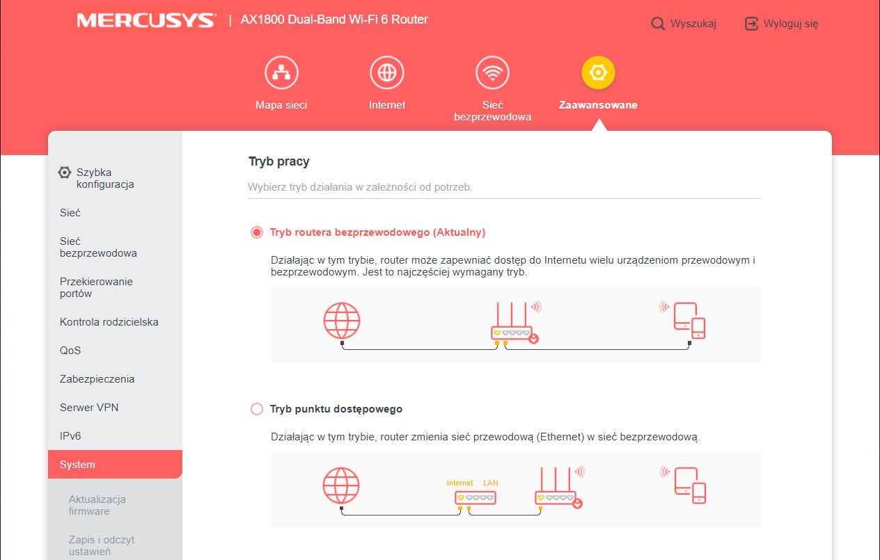 Mercusys MR70X - zmiana trybu pracy